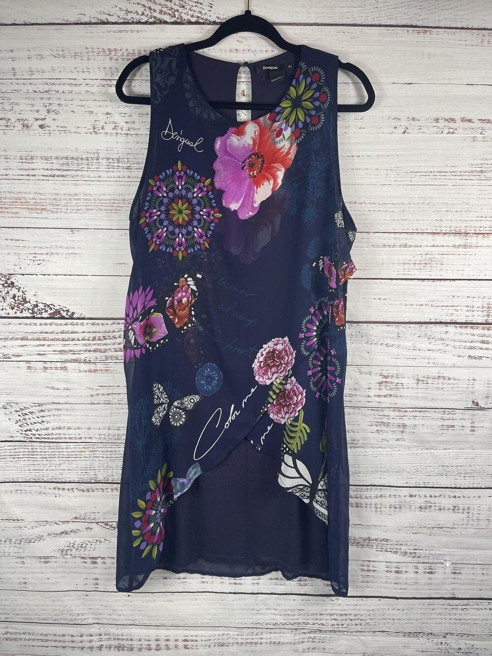 Desigual Dress SZ40 US M Navy Blue Floral Sleeveless Summer Tunic Colorful Print